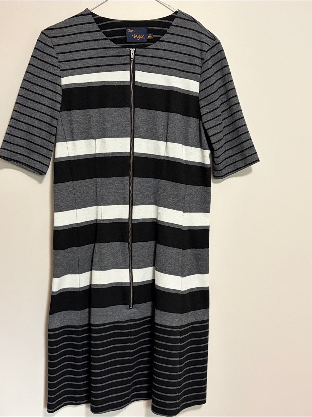 Just...Taylor Black Gray White Striped Zip-Front Midi Dress